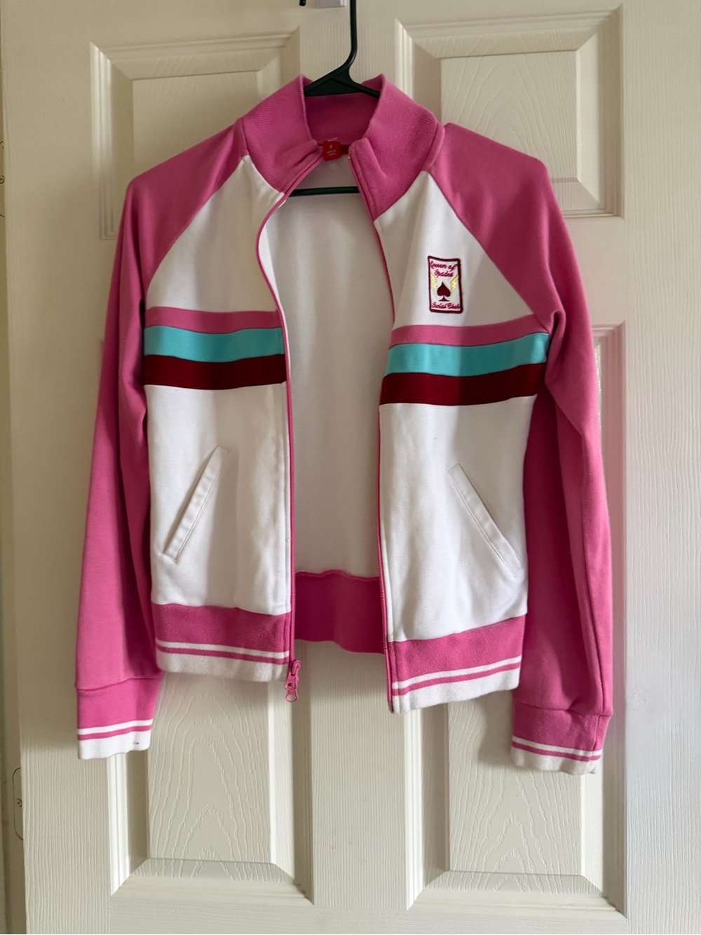 Women's Pink & White Varsity Jacket with Stripe Accents